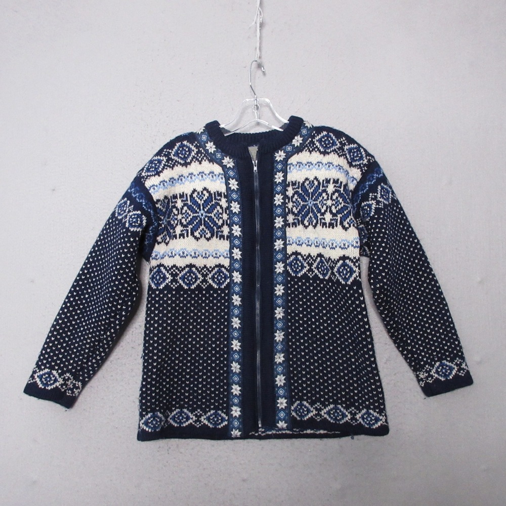 Vintage Squaw Valley Sweater Blue Wool Nordic Fair Isle Zip Chunky Birds Eye
